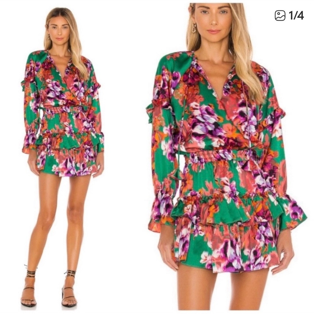 Misa Los Angeles Green and Purple Floral Long Sleeve Dress